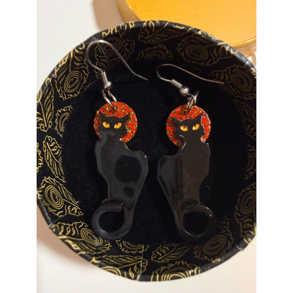 Le Chat Noir Drop Earrings - Erstwilder Art Nouveau Cat Theatre Glitter French